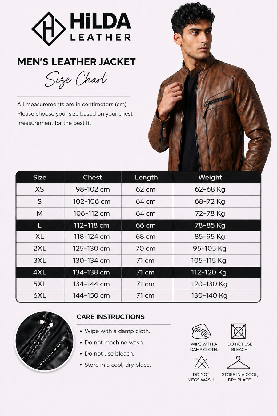 Men's leather jacket size chart with a man wearing the jacket - Hilda Leather Turkey