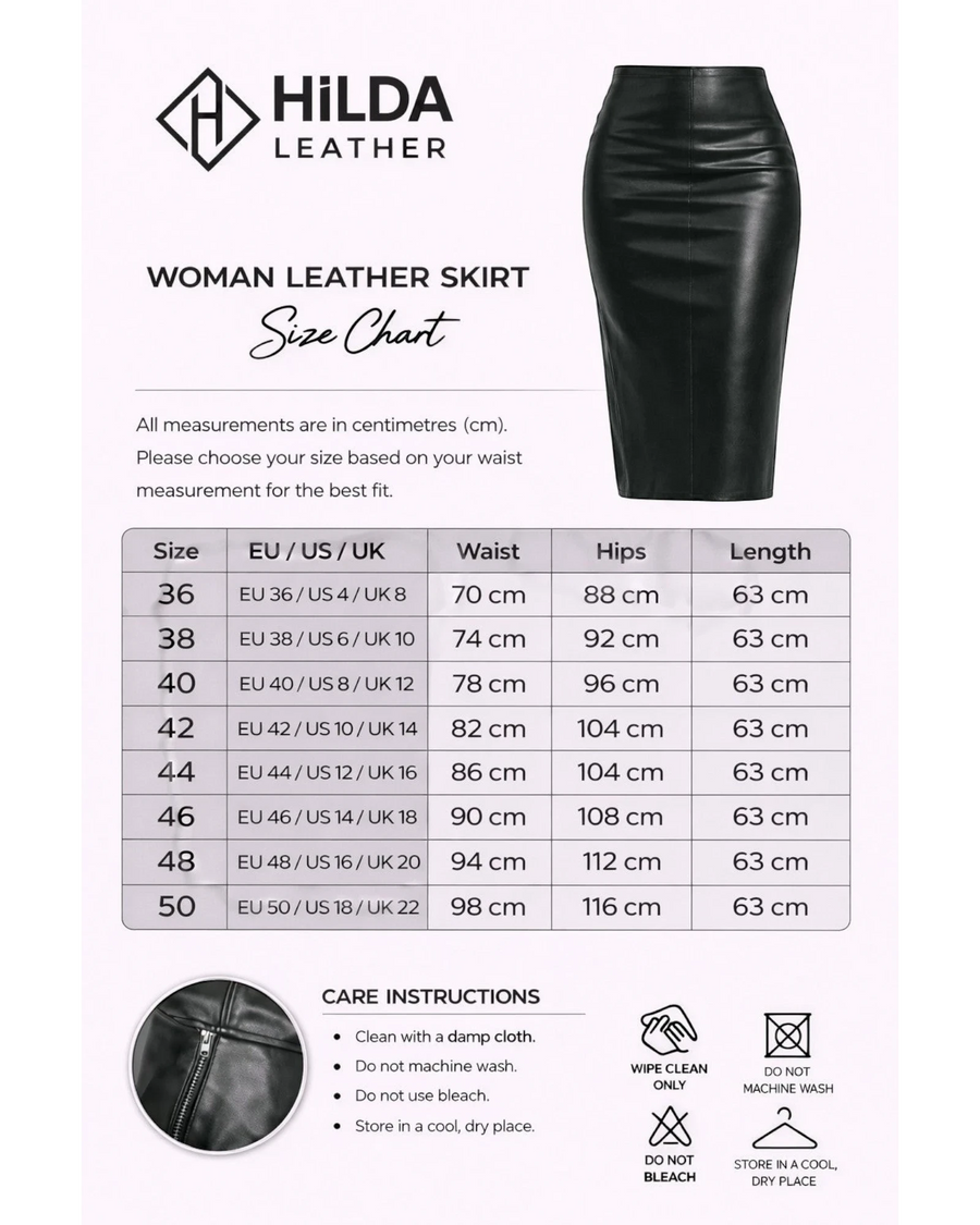 Hilda Leather woman leather skirt size chart with product and care instructions.