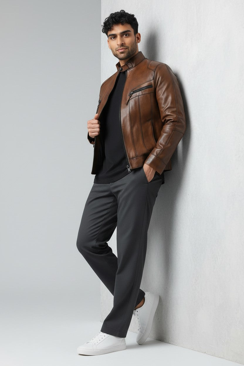 Men's brown genuine leather jacket Metin2 – side view showing zip chest pockets – Hilda Leather