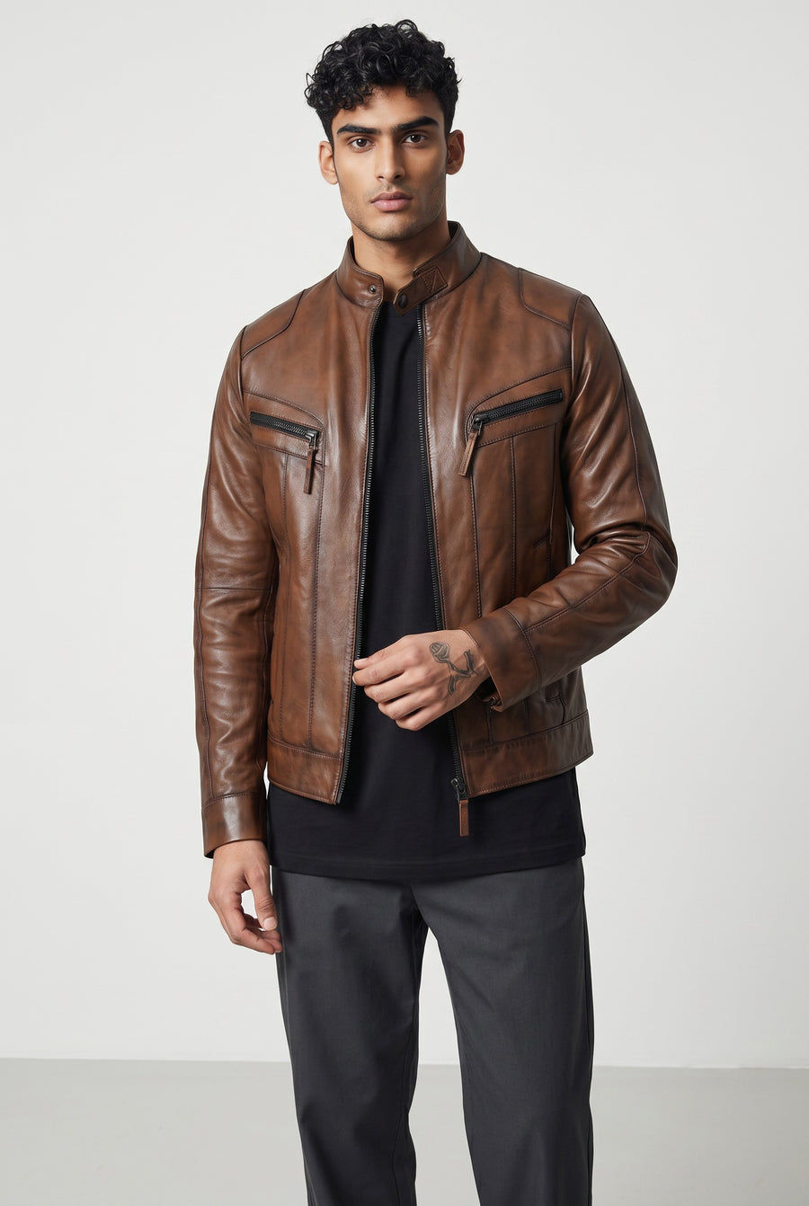 Metin2 brown leather sport jacket for men – virtual model front view – Hilda Leather Turkey