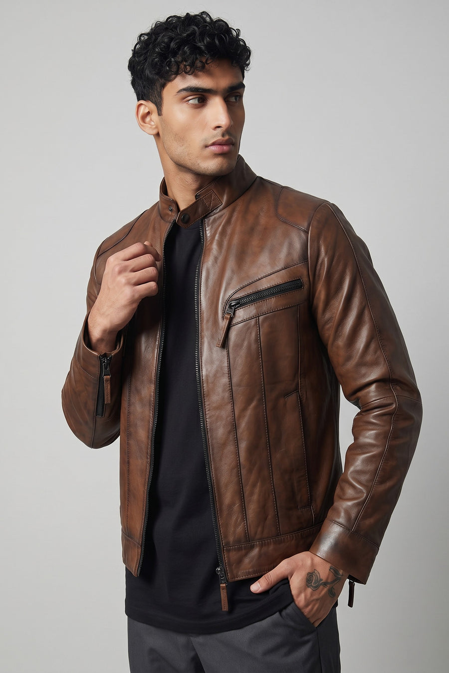 Men's brown genuine leather jacket Metin2 – chest zip pocket detail – slim sport fit – Hilda Leather