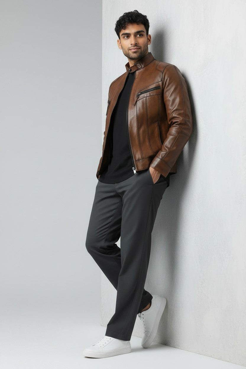 Metin2 brown lambskin leather jacket – full body virtual model view – Hilda Leather Antalya
