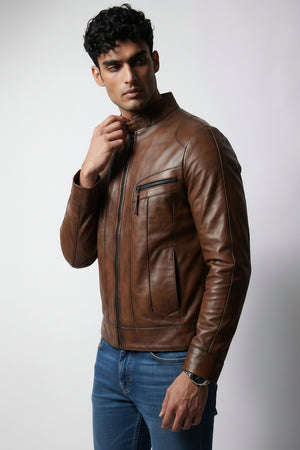 Men's brown genuine leather sport jacket Metin2 – three-quarter view showing chest zip pocket and stand collar – Hilda Leather Turkey