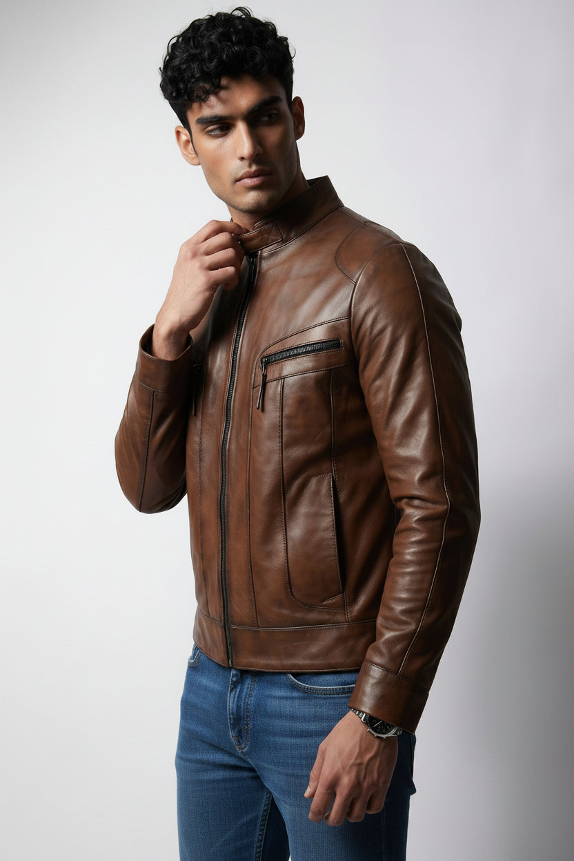 Men's brown genuine leather sport jacket Metin2 – three-quarter view showing chest zip pocket and stand collar – Hilda Leather Turkey