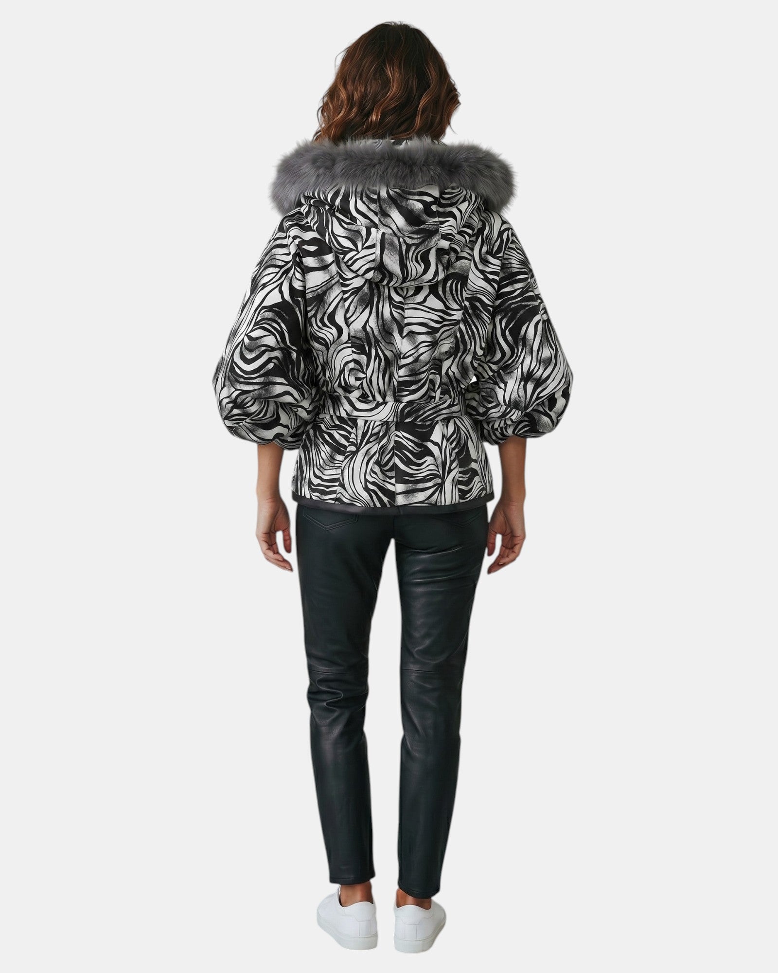 Symrna Women's Black Genuine Leather Jacket – Reversible Side Virtual Model View – Hilda Leather Antalya Turkey