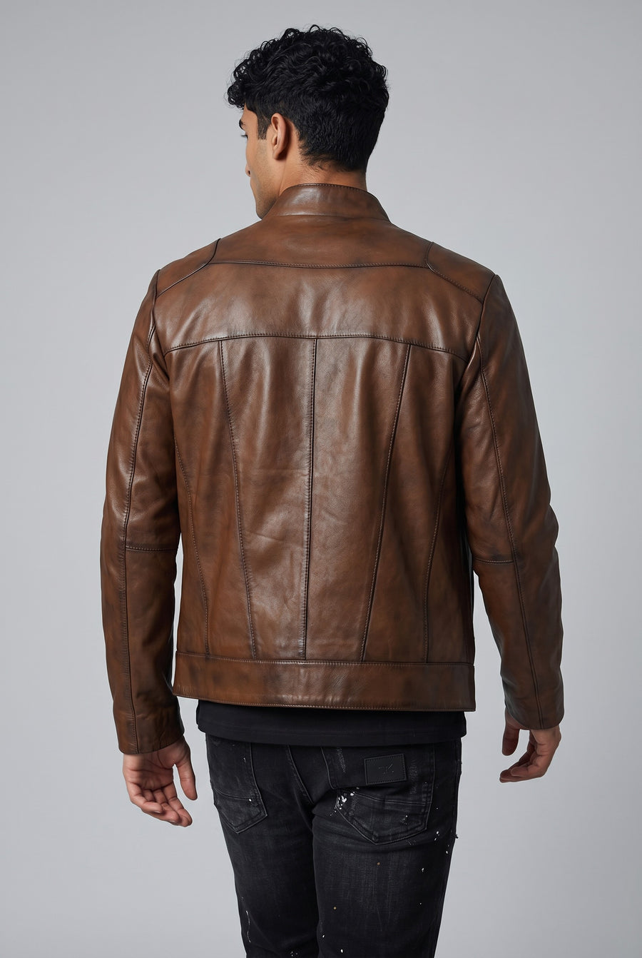 Brown sport leather jacket Metin2 – virtual model back view close up – handcrafted in Turkey – Hilda Leather