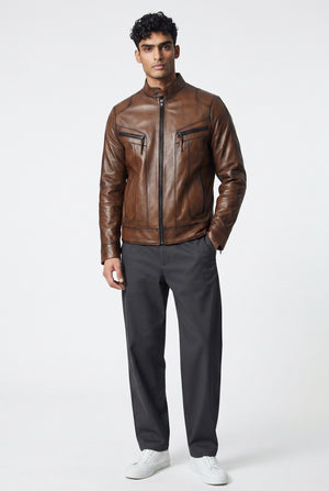 Men's brown genuine leather sport jacket Metin2 – front view, slim fit, stand collar – Hilda Leather
