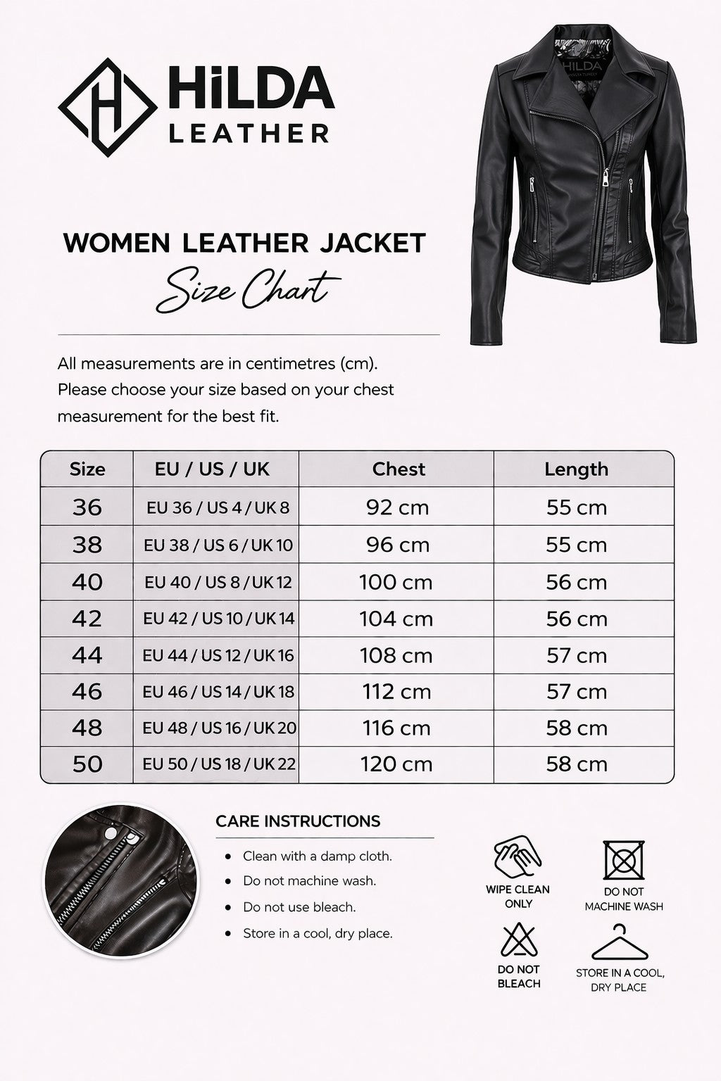 Hilda Leather women's black genuine lamb leather biker jacket with double side zippers and slim fit.