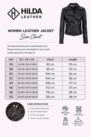 Hilda Leather women's black genuine lamb leather biker jacket with double side zippers and slim fit.