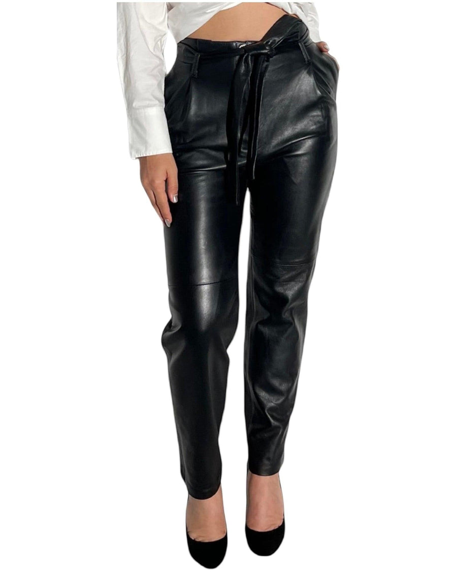 Hilda Leather Almira women's black genuine lamb leather pants with belt, tapered legs and side pockets