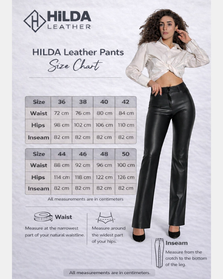 Hilda Leather black genuine lamb leather pants with a straight-leg jean silhouette worn by a model with curly hair. Size Chart.