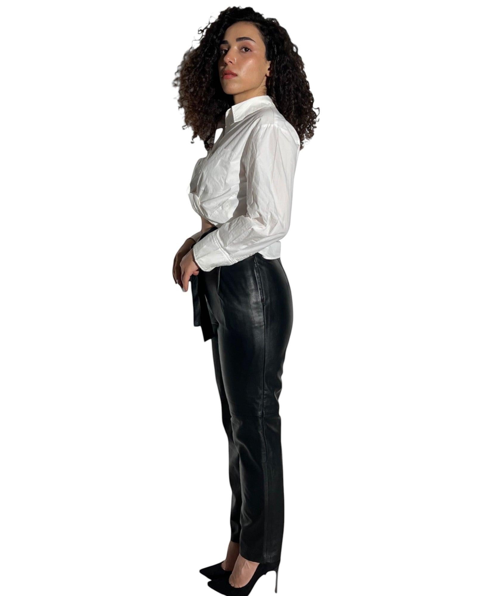 Almira Genuine Leather Pants Black for Women with Belt and Side Pockets Tapered Leg.
