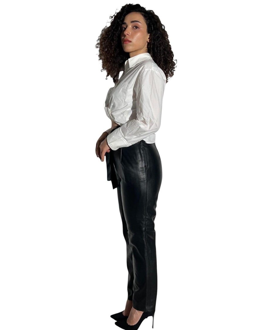 Hilda Leather Almira women's black genuine lamb leather pants with belt and side pockets, tapered leg