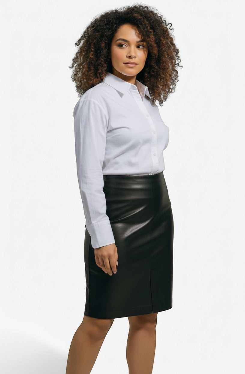 Hilda Leather Ann black genuine lamb leather midi skirt with back zip and slit. Knee-length, slim fit.