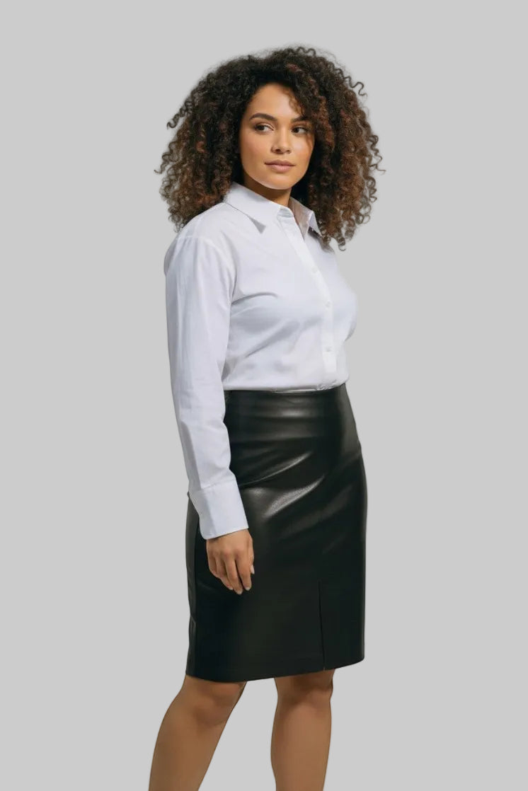 Hilda Leather Ann black genuine lamb leather midi skirt with back zip and slit. Knee-length, slim fit.