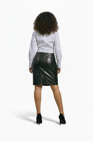 Hilda Leather Ann women's black genuine lamb leather midi skirt with back zip and slit.