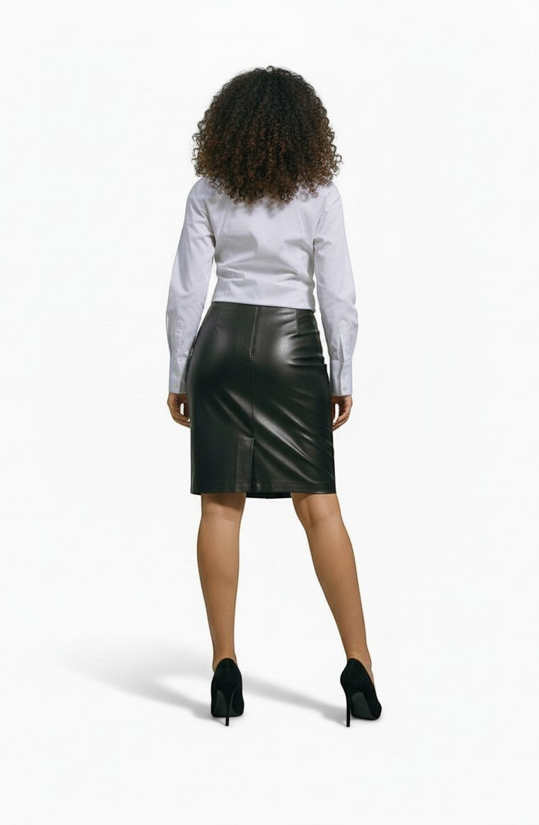 Hilda Leather Ann women's black genuine lamb leather midi skirt with back zip and slit.