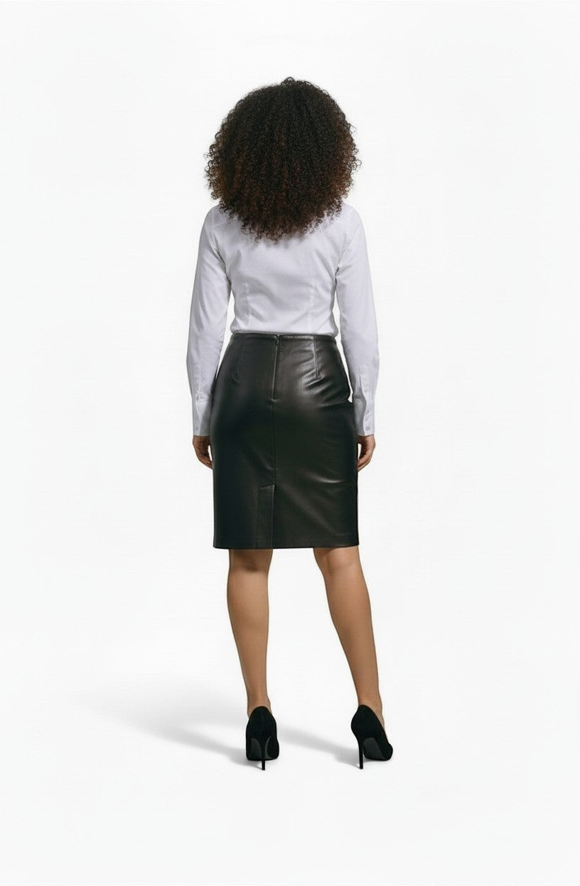 Hilda Leather Women's black genuine lamb leather midi skirt with back zip and slit. Knee-length.