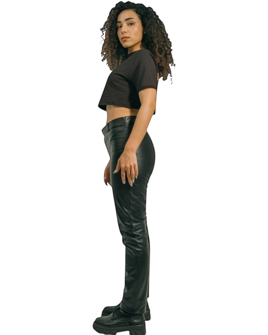 Hilda Leather Women's black high-waist slim fit genuine lamb leather pants with front zip fastening and half lined lycra.
