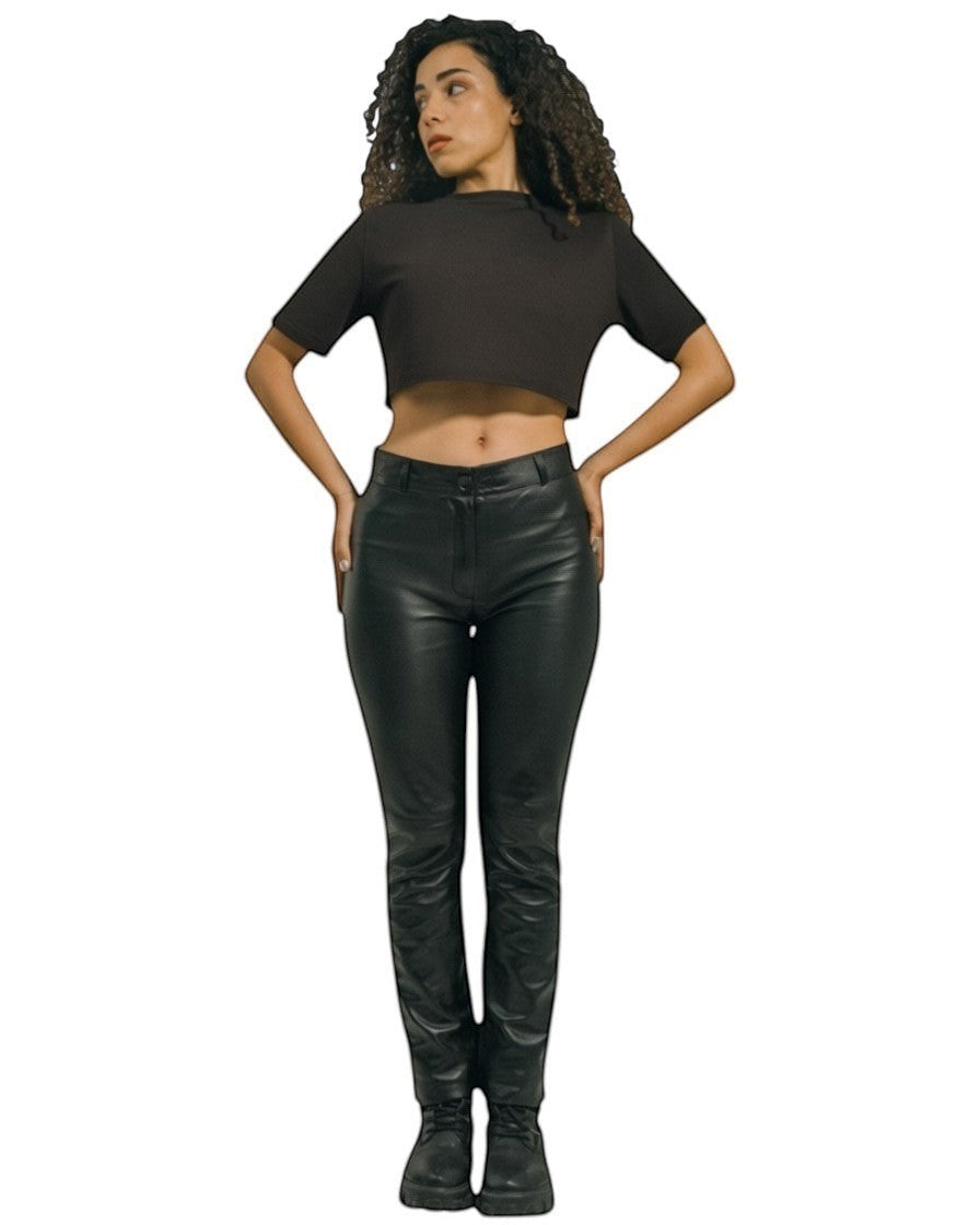 Hilda Leather women's black genuine lamb leather slim fit pants with front zip fastening and half lined lycra.