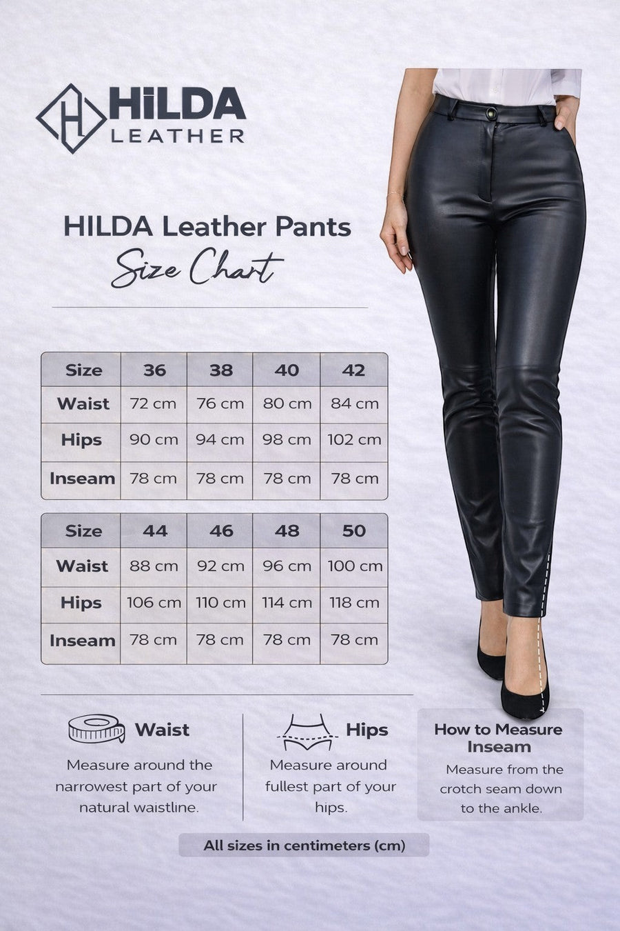Hilda Leather women's black high-waist slim fit genuine lamb leather pants with front zip fastening and half lined lycra.