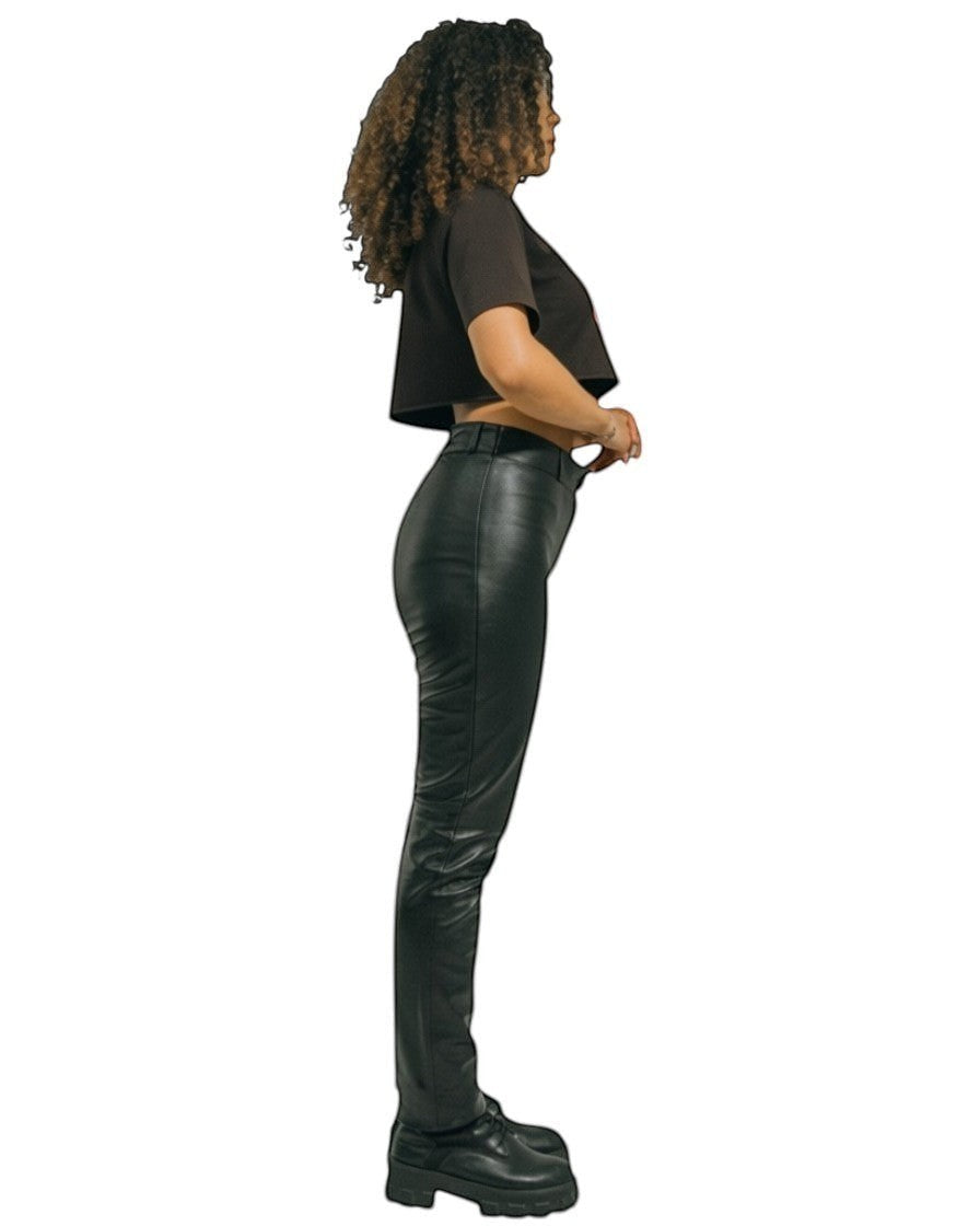 Hilda Leather Women's black high-waist slim fit genuine lamb leather pants with front zip fastening and half lined lycra.