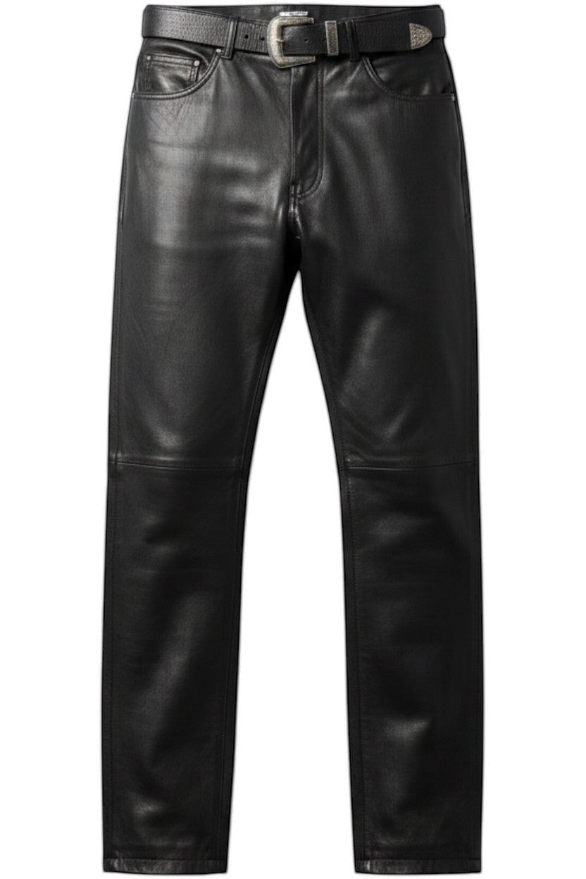 Hilda Leather black genuine lamb nappa leather pants with straight leg cut and silver buckle belt.
