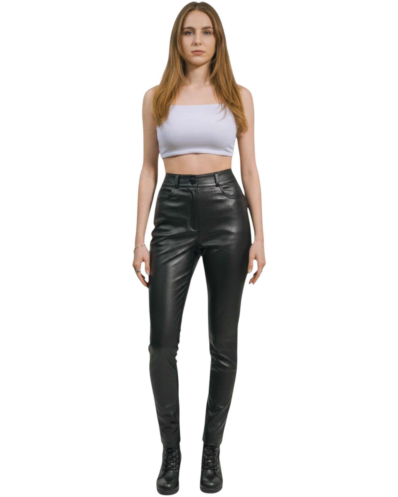 Hilda Leather black genuine lambskin trousers for women, classic jean style with 5 pockets and zip fastening.