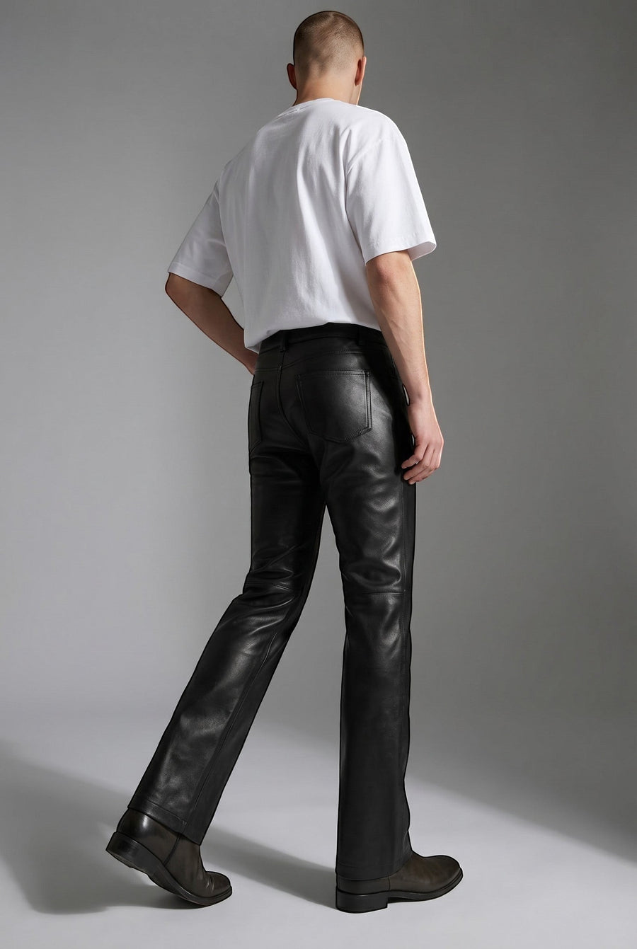Hilda Leather men's black genuine lambskin leather pants with a straight leg cut and classic jean styling.