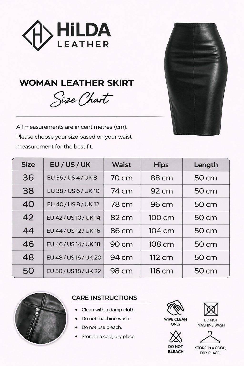 Hilda Leather black genuine lambskin midi skirt with back zip and slit, knee-length silhouette.