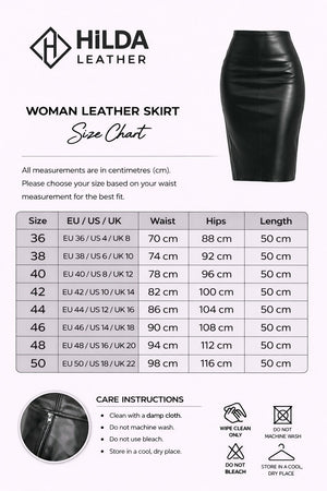 Hilda Leather black genuine lambskin midi skirt with back zip and slit, knee-length silhouette.