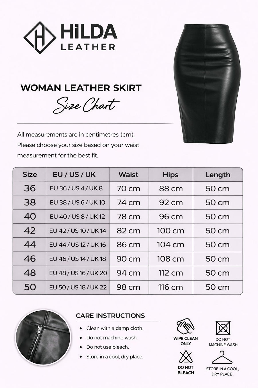 Hilda Leather black genuine lambskin midi skirt with back zip and slit, knee-length silhouette.