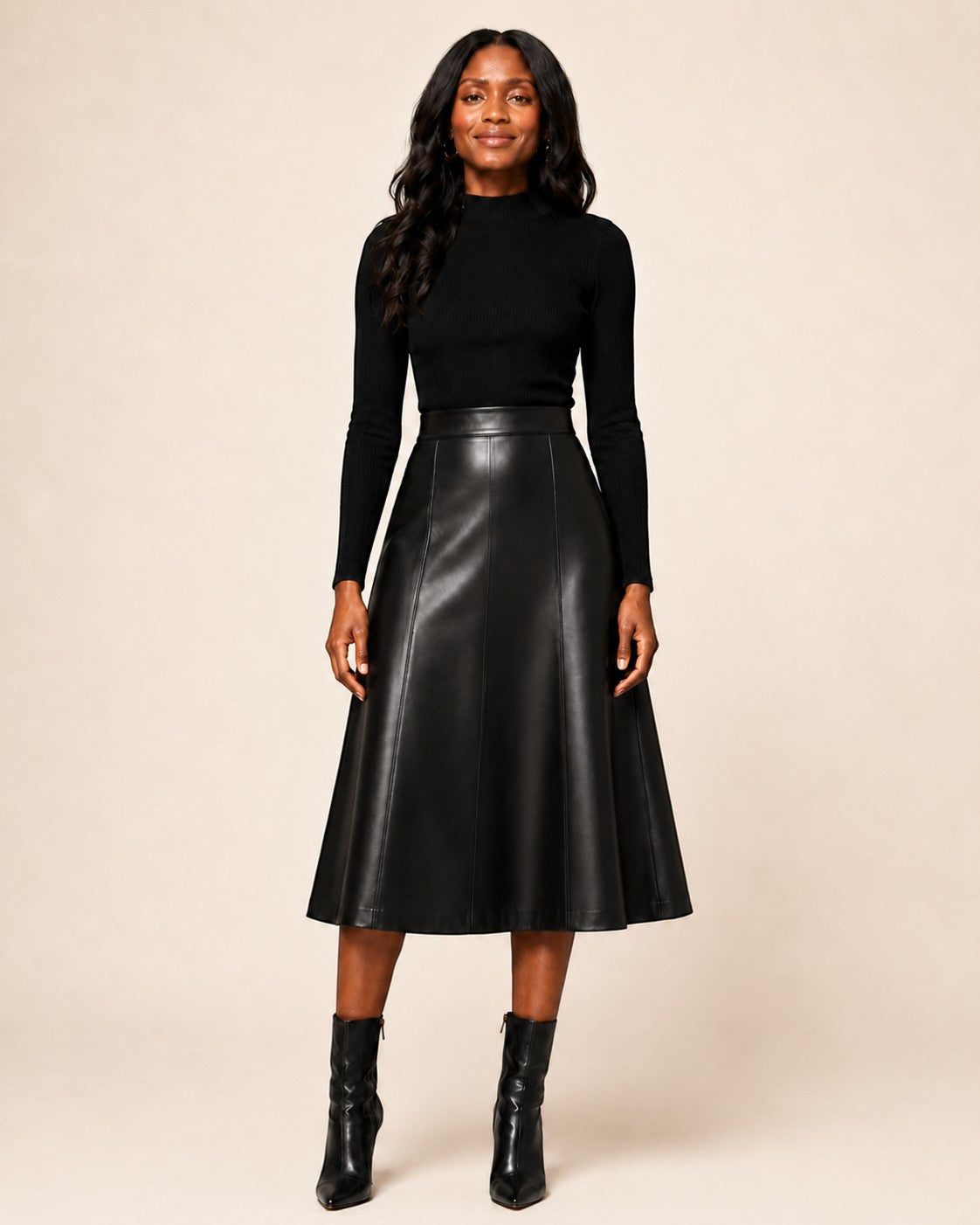 Viola Black Genuine Leather A-Line Midi Skirt | Hilda Leather