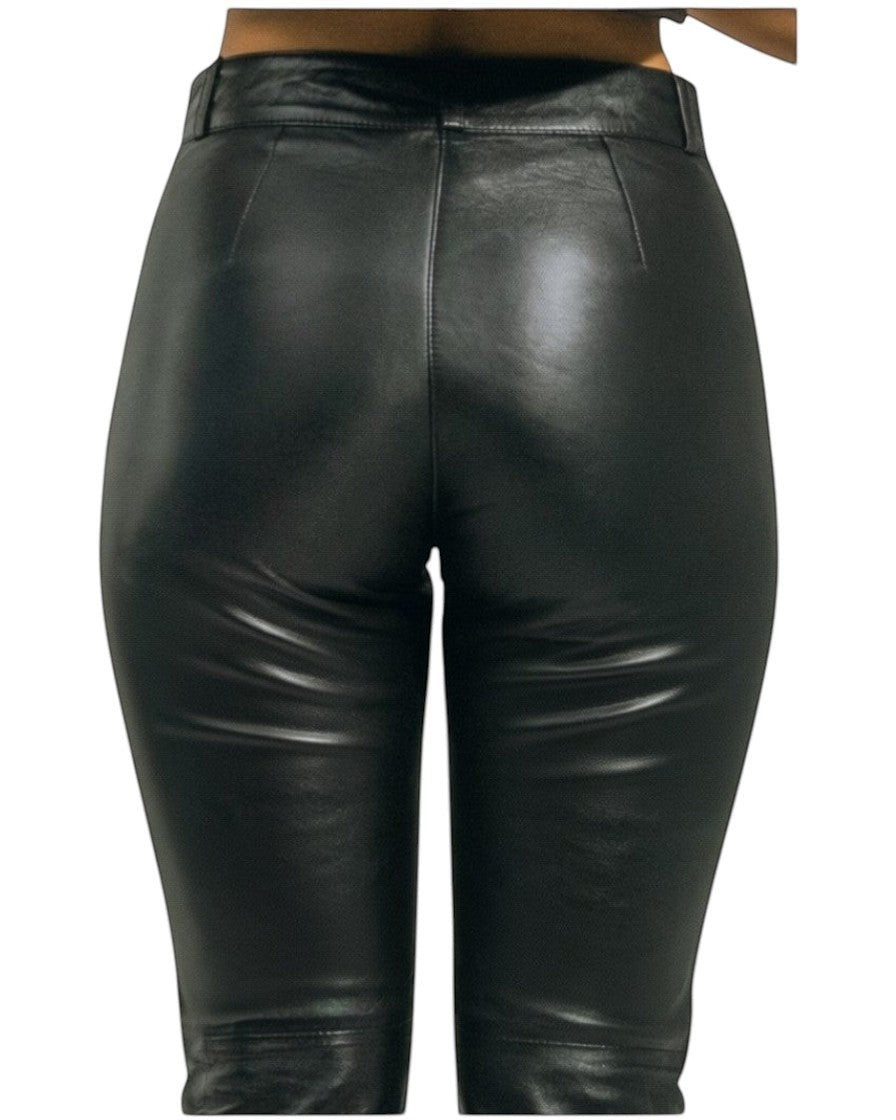 Hilda Leather women's black genuine lambskin slim fit high-waist pants with front zip fastening and half lined lycra.