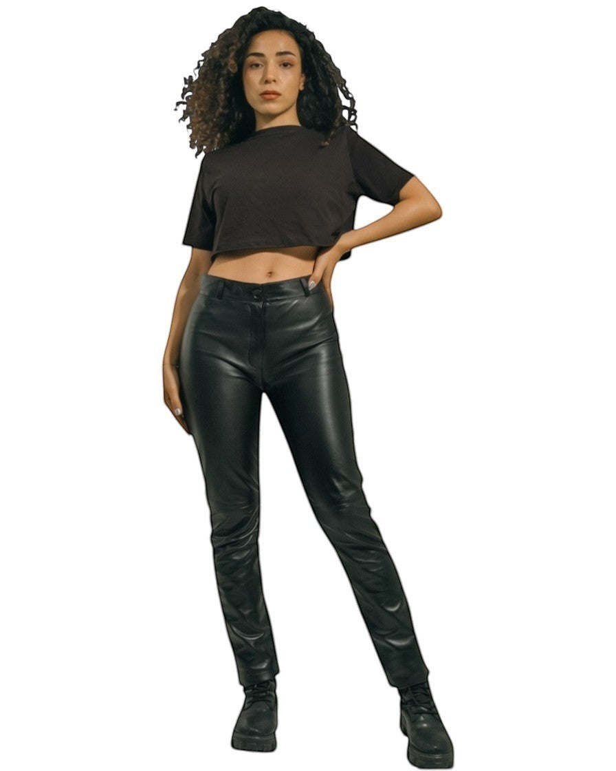 Handmade Black Genuine Leather Pants Soft and Slim Fit For Women Adel.