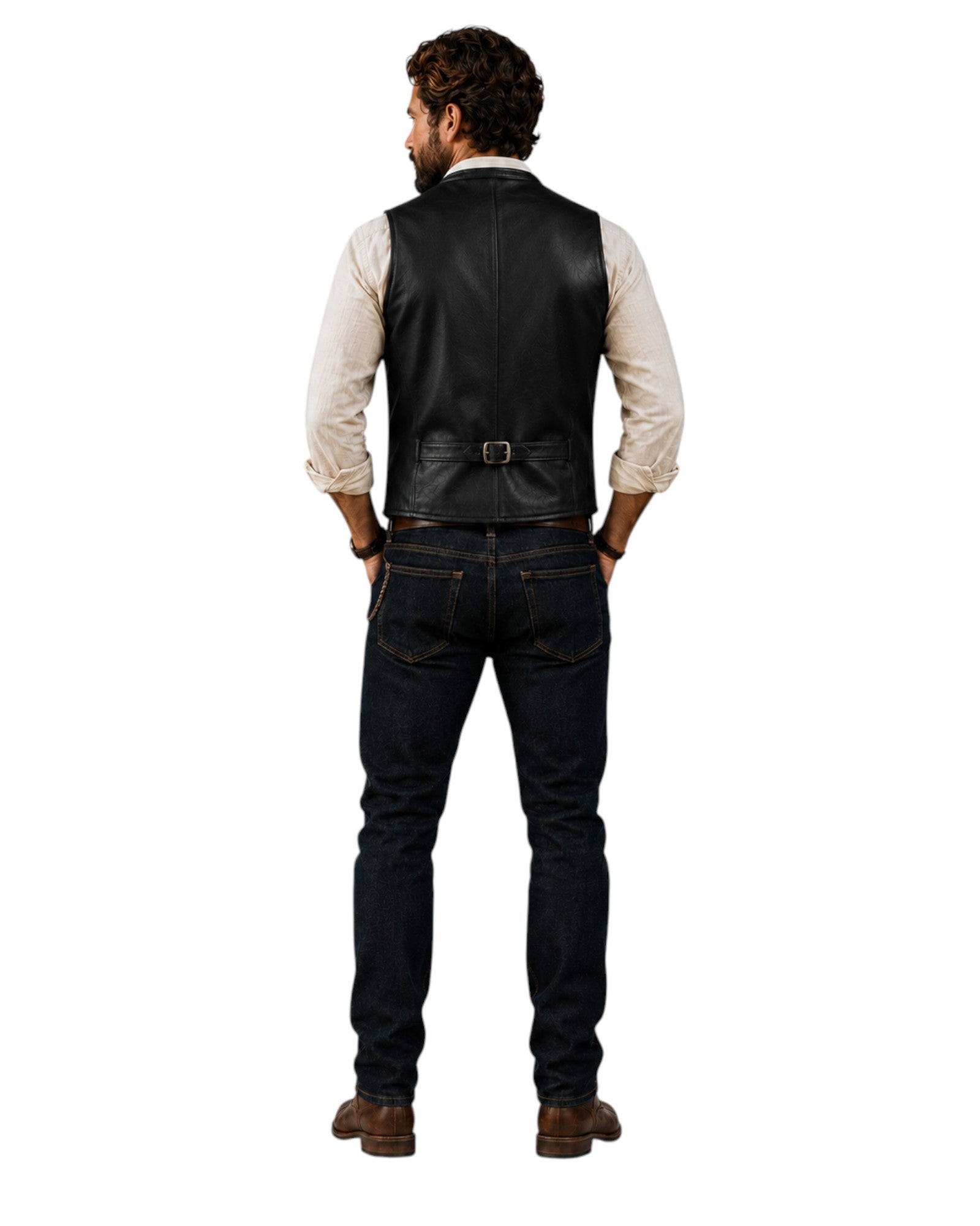 Back view of a man wearing a Hilda Leather black lambskin waistcoat with an adjustable back buckle strap.