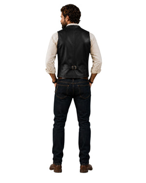 Back view of a man wearing a Hilda Leather black lambskin waistcoat with an adjustable back buckle strap.