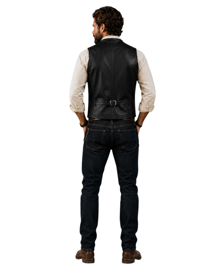Back view of a man wearing a Hilda Leather black lambskin waistcoat with an adjustable back buckle strap.