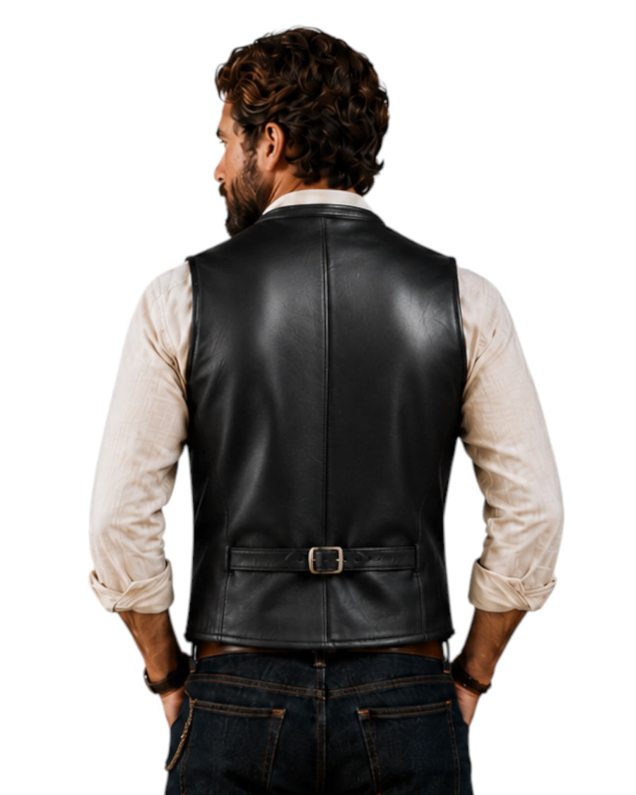 Back view of a man wearing a Hilda Leather black genuine lambskin waistcoat with an adjustable back buckle strap.