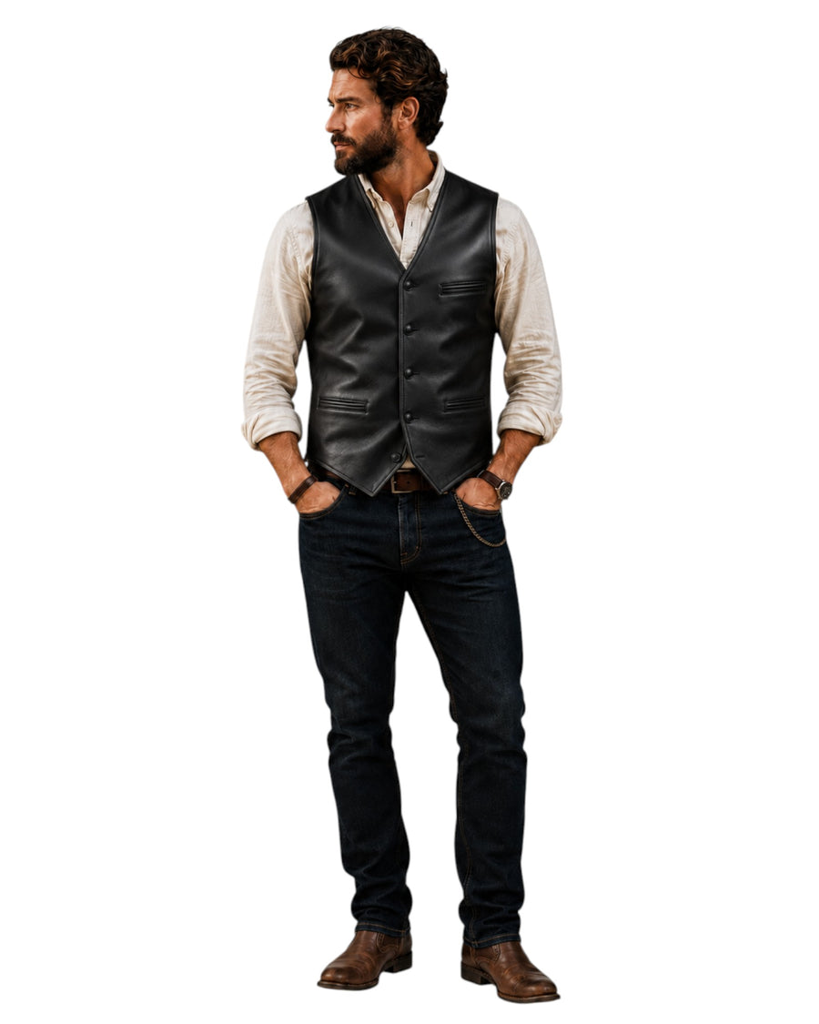 Model wearing a black Hilda Leather genuine lambskin waistcoat with button closure and tailored fit.