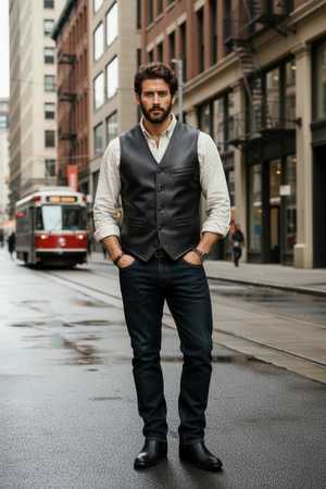 Man wearing a Hilda Leather black lambskin waistcoat over a white shirt and jeans on a city street.
