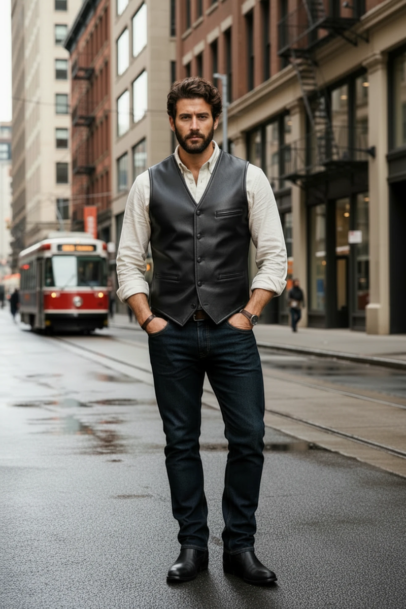 Men's Genuine Leather Waistcoat Black | Hilda Leather