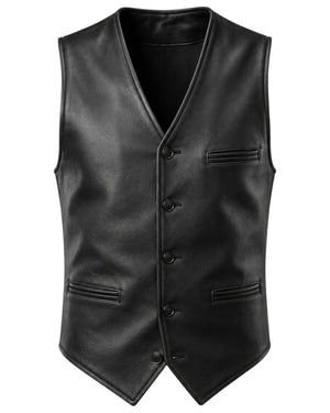 Hilda Leather black lambskin waistcoat with button closure, chest pocket, and two welt pockets.