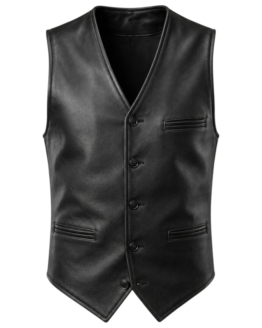 Hilda Leather black lambskin waistcoat with button closure, chest pocket, and two welt pockets.