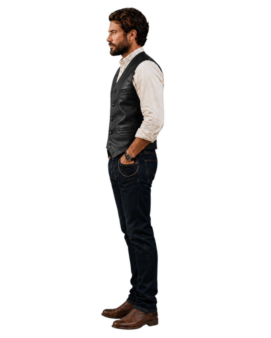 Man wearing a Hilda Leather black lambskin waistcoat with button closure, styled with a shirt and dark jeans.
