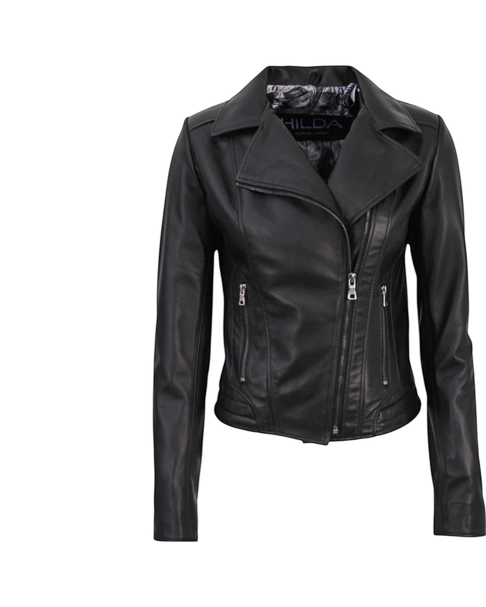 Hilda Leather black genuine lamb leather biker jacket with double side zippers and slim fit.