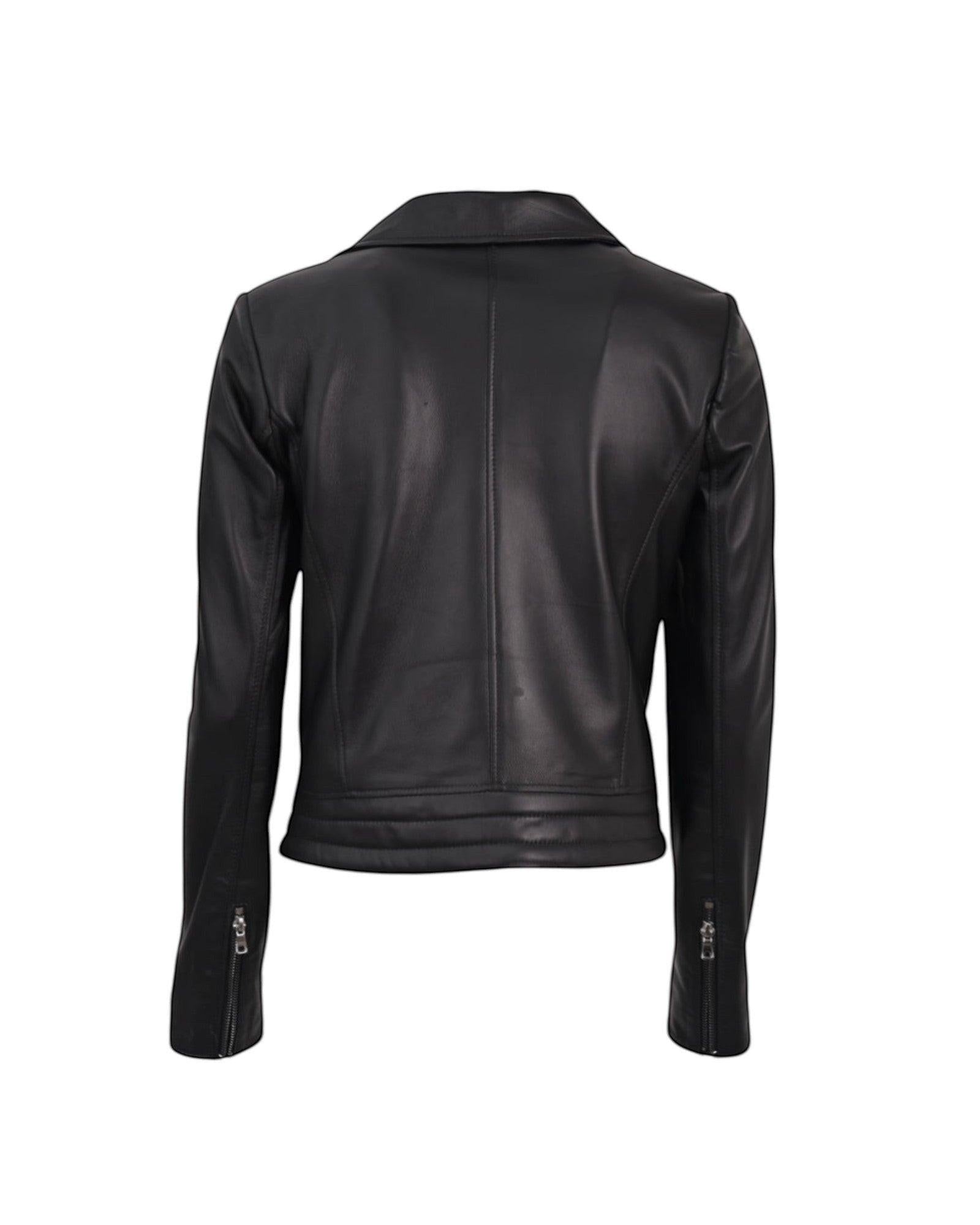 Hilda Leather black genuine lamb leather biker jacket with double side zippers and slim fit.