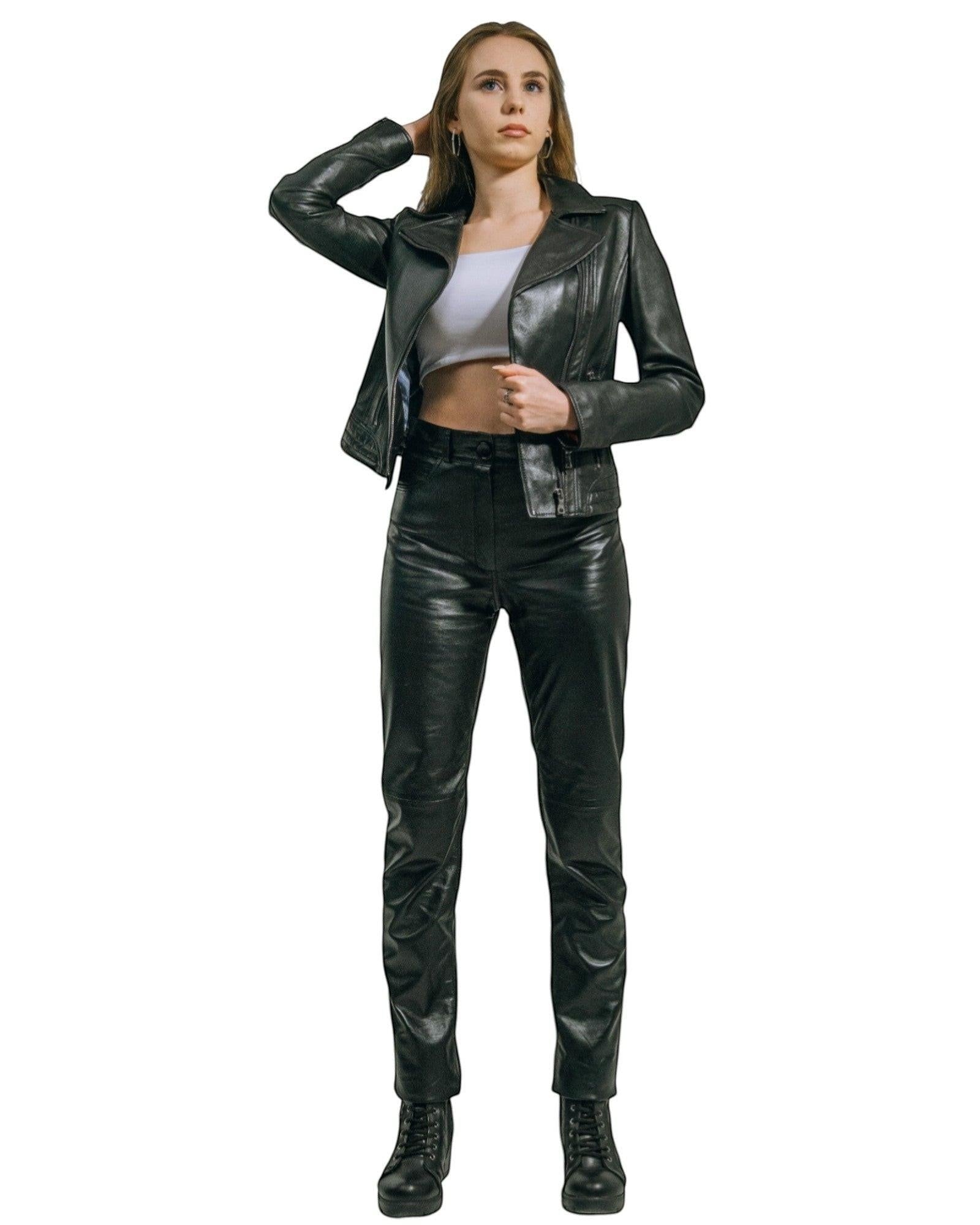 Hilda Leather black genuine lamb leather biker jacket with double side zippers and slim fit pants.
