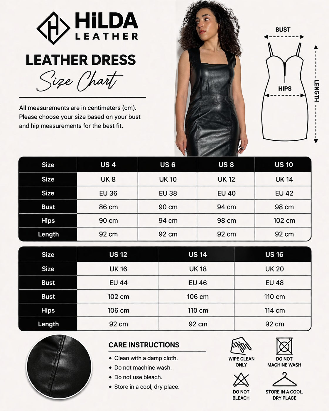 Hilda Leather black genuine lamb leather slim fit party dress with square neckline and back zip. Size chart included.