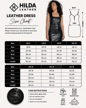 Hilda Leather black genuine lamb leather slim fit party dress with square neckline and back zip. Size chart included.
